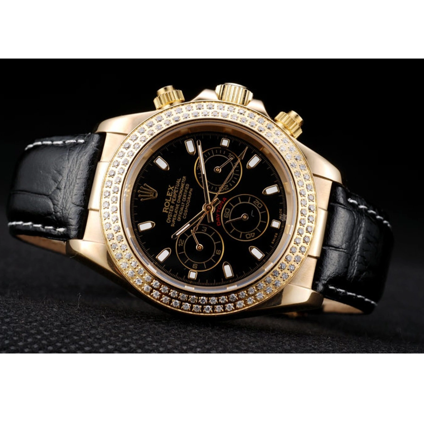 Aaa replica watch Case Daytona Crystal Studded Dial Black Bezel Rolex Gold 1014